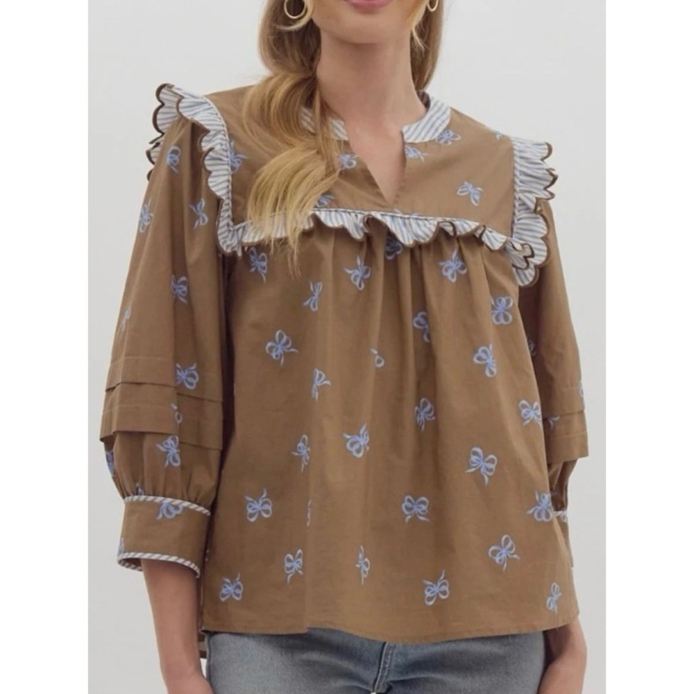 Entro Boutique Ruffle Bow Scallop Bib Top Babydoll Blouse Coquette Girl Medium